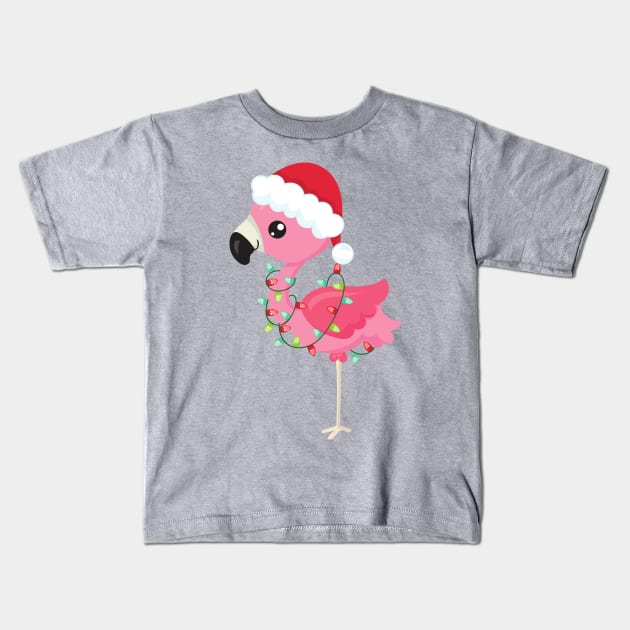 Christmas Flamingo, Santa Hat, Christmas Lights Kids T-Shirt by Jelena Dunčević